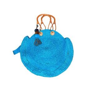 America & Beyond Blue Straw Beachy Braided Tassels Woven Round Shoulder Bag